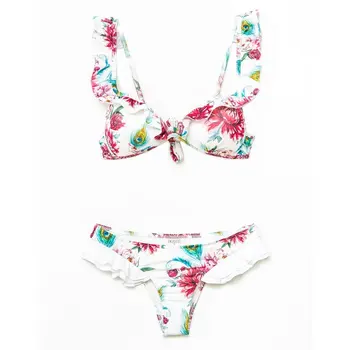 

Floral Print Falbala Sexy Two-piece Bikini Set Padded Comfortable Women High Elasticity Swimsuit Beachwear Swimming Vocation