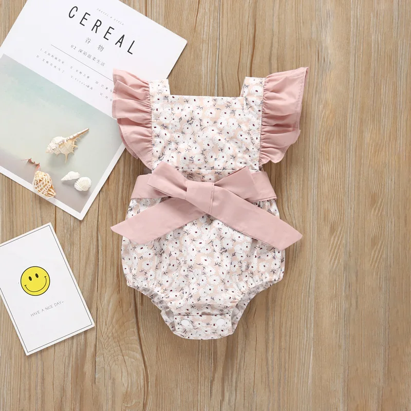 

H1081 # Europe And America Hot Selling # Summer New Style INS Small Fly Sleeve Bow Bandage Cloth Romper Briefs Baby Bodysuit Cra