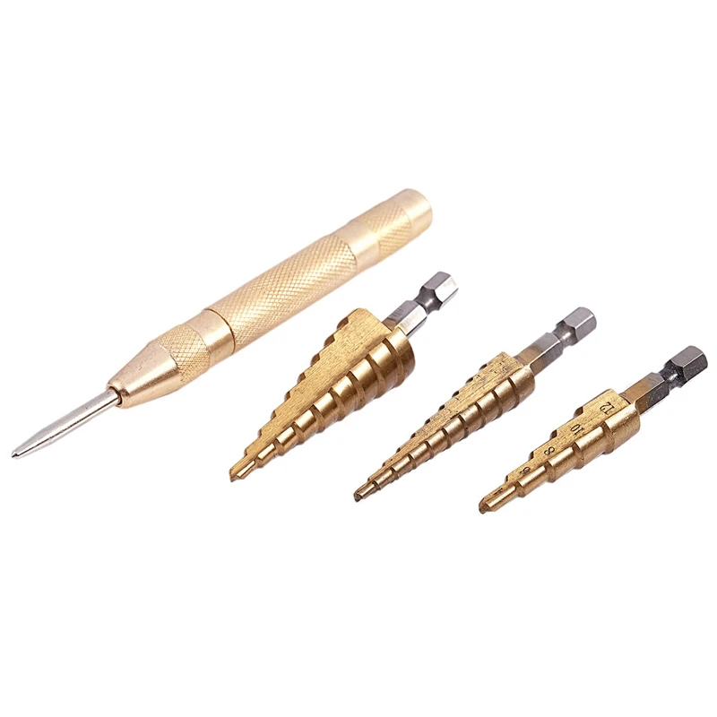 

3 pcs HSS Titanium Step Drill Bit Set & 1 pcs Automatic Center Punch