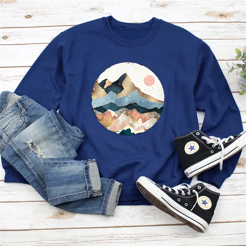 

Autumn New Mountain Print Pink Women Hoodie Long Sleeve Pullover Sweatshirt O-NECK Women Clothes Harajuku Hoodies Casual Tops