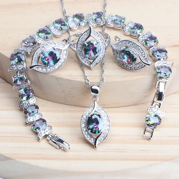 

Magic Rrainbow CZ 925 Silver Bridal Jewelry Sets For Women Natural Wedding Charms Bracelets Rings Earrings Pendants Necklace Set