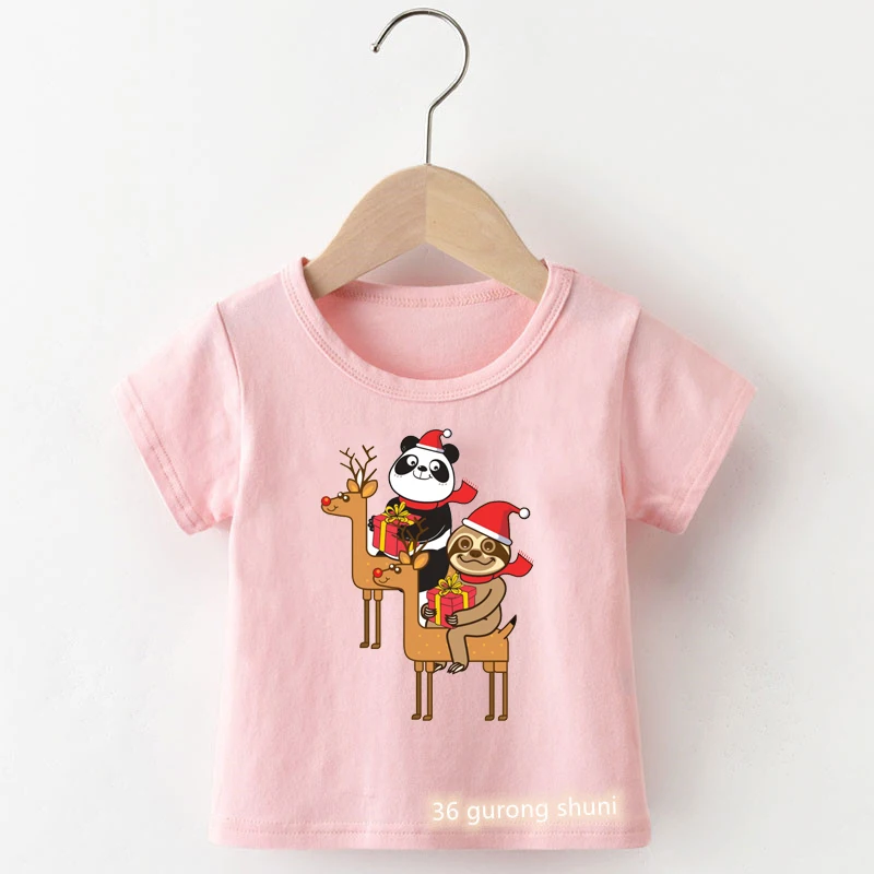 

Kawaii, футболка для девочек, милая Ленивец и панда, Рождественский мультяшный принт, футболка для детей, футболка для девочек