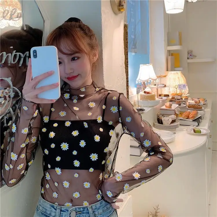 See Through Small chrysanthemum Mesh Gauze Tops Long Sleeve Transparent Sun Protection Ladies Turtleneck summer T-Shirt Top