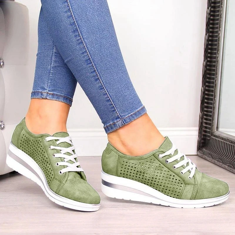 Adisputent Summer Women Wedge Flats Shoes Female Hollow Breathable Mesh Casual Shoes For Ladies Lace Up Flats Loafers Shoes