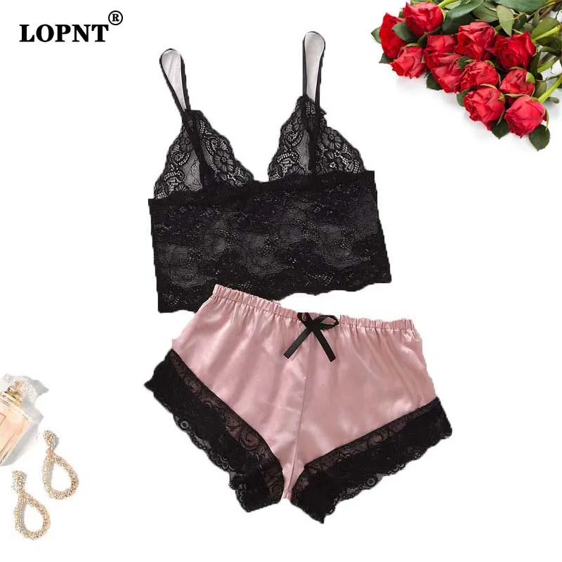 

LOPNT Woman's Sexy Pajamas Set Black Hollow Out Lace Bra Pink Pyjama Bottoms Split Home Dress Suit See-through Printed Underwear