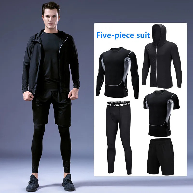New 5 Pcs/Set Men's Tracksuit Sports Suit Gym Fitness Compression Clothes Running Jogging Sport Wear Exercise Workout Tights