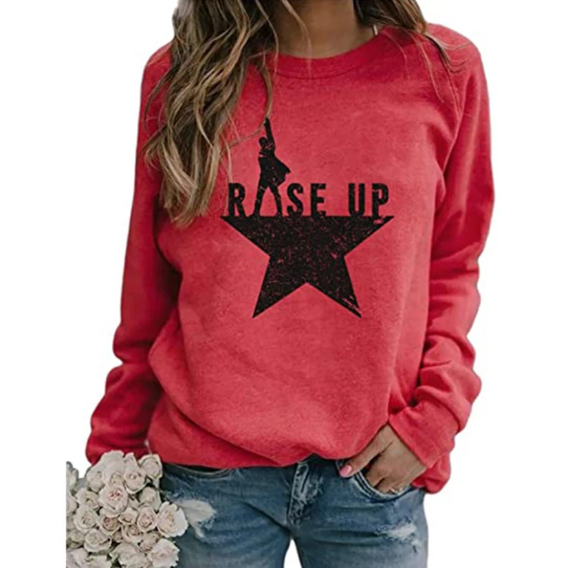 

Red Sweatshirt For Women With Star Printed New O Neck Spring Autumn Pullovers Loose Fit Casual Collage Style Women Top 2020