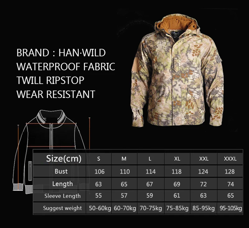 HAN WILD gear камуфляжная тактическая куртка мужская водонепроницаемая теплая Толстая флисовая подкладка ветровка с капюшоном армейская военная куртка зимняя