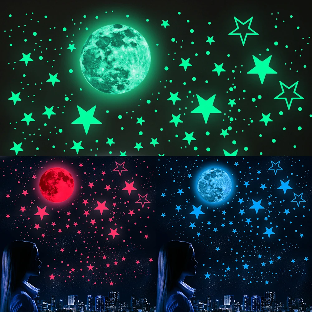 Фото Светящиеся наклейки на стену в виде луны и звезд 1049 шт. для детской комнаты