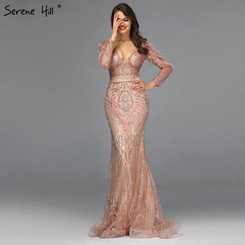 Роскошное розовое Золотое Платье русалки для выпускного вечера в Дубае,, блестящее платье с перьями и блестками, платье для выпускного вечера с длинными рукавами, беззаботный холм, DLA60902