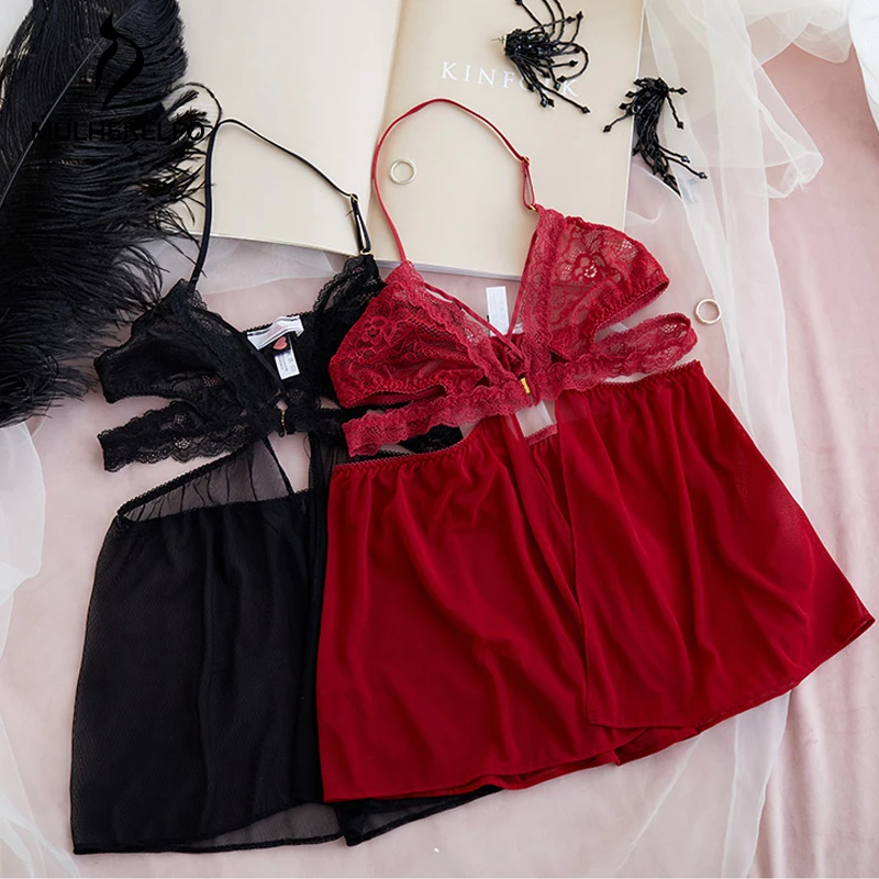 Кружевная красная мини-женская сексуальная ночная рубашка с открытой спиной, комплект нижнего белья для девочек, летняя сексуальная домашняя женская одежда для сна, новинка