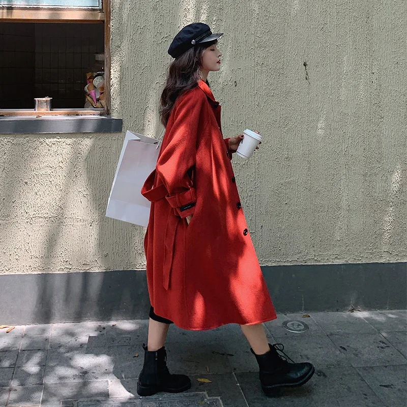 

Woolen Jacket Women's Mid-length Korean-style 2020 Autumn And Winter New Style Popular Slim Fit over-the-Knee Thick Red Woolen O