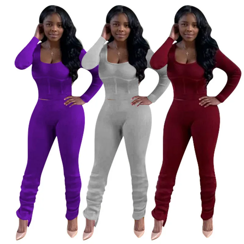 

Autumn Casual Suit Ribbed Woven Striped Top Ruffled Plants Winter Two-piece Sets Women's Outfits European and American Clothing