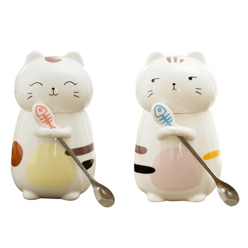 

2x Cat Ceramic Coffee Cup with Lid Large Capacity Animal Cup Creative Drinking Utensils Coffee Cup Despise & Laughter