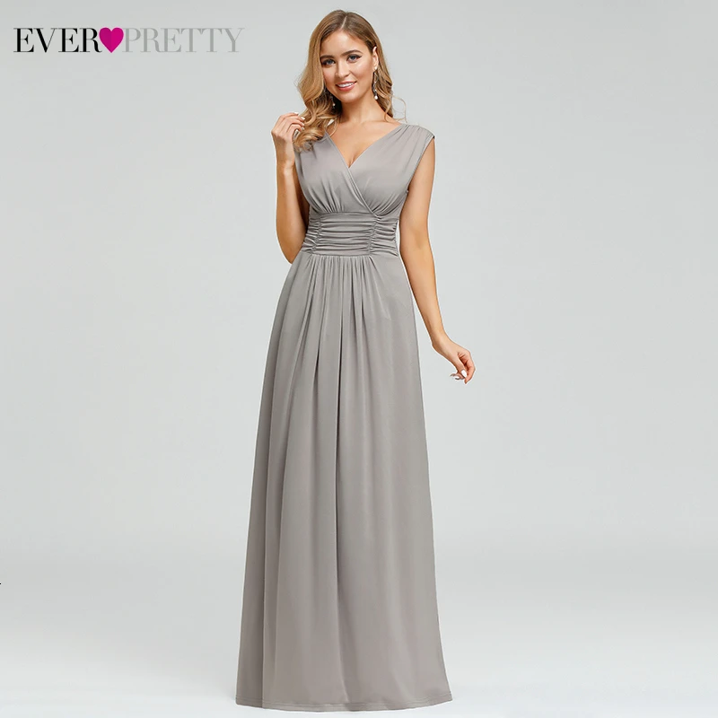 

Sexy Grey Evening Dresses Long Ever Pretty EP00706GY Ruched A-Line Double V-Neck Stretchy Simple Evening Gowns Abendkleider 2019