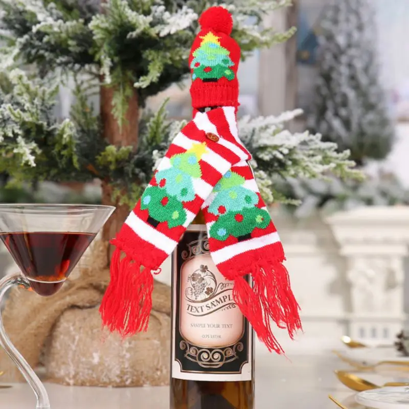 Вязанный уродливый свитер, Рождественская Крышка для бутылки вина, набор, шарф и шапка для рождества, праздничный обеденный стол, Декор, подарочная упаковка