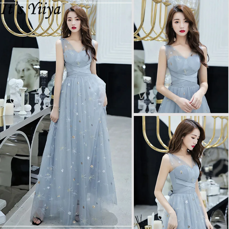 

It's Yiiya Evening Dress V-Neck Sleeveless A-Line Floor-Length Robe De Soiree Embroidery Plus Size Tank Tulle Eveing Gowns LF202