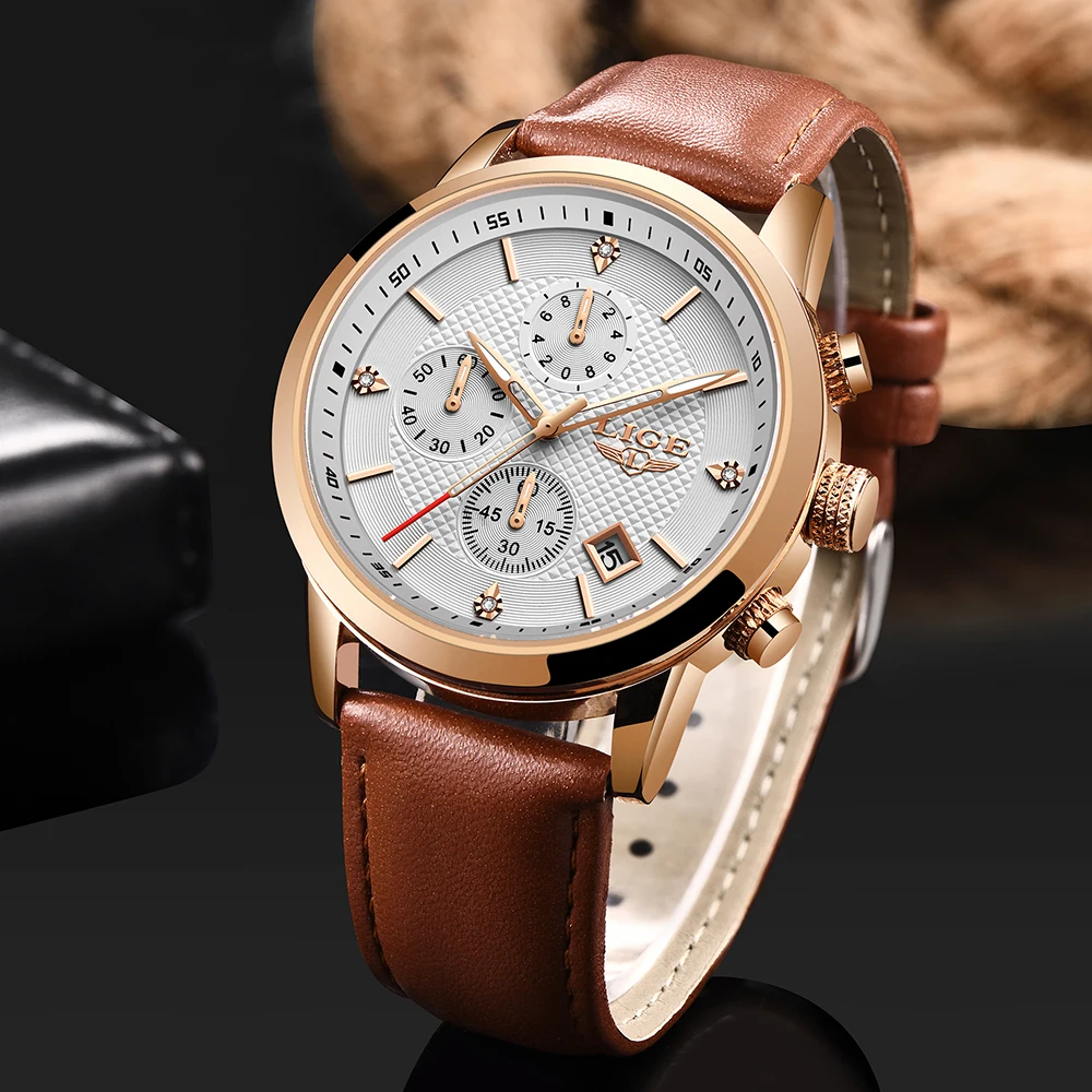 

2020 LIGE Men Watch Top Brand Blue Leather Chronograph Waterproof Sport Automatic Date Quartz Watches For Mens Relogio Masculino