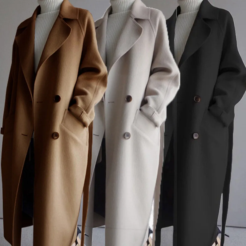Новинка, Элегантное длинное женское пальто, большой размер, с лацканами, кашемир, шерсть, с поясом, Тренч, верхняя одежда, куртка, veste femme# guahao