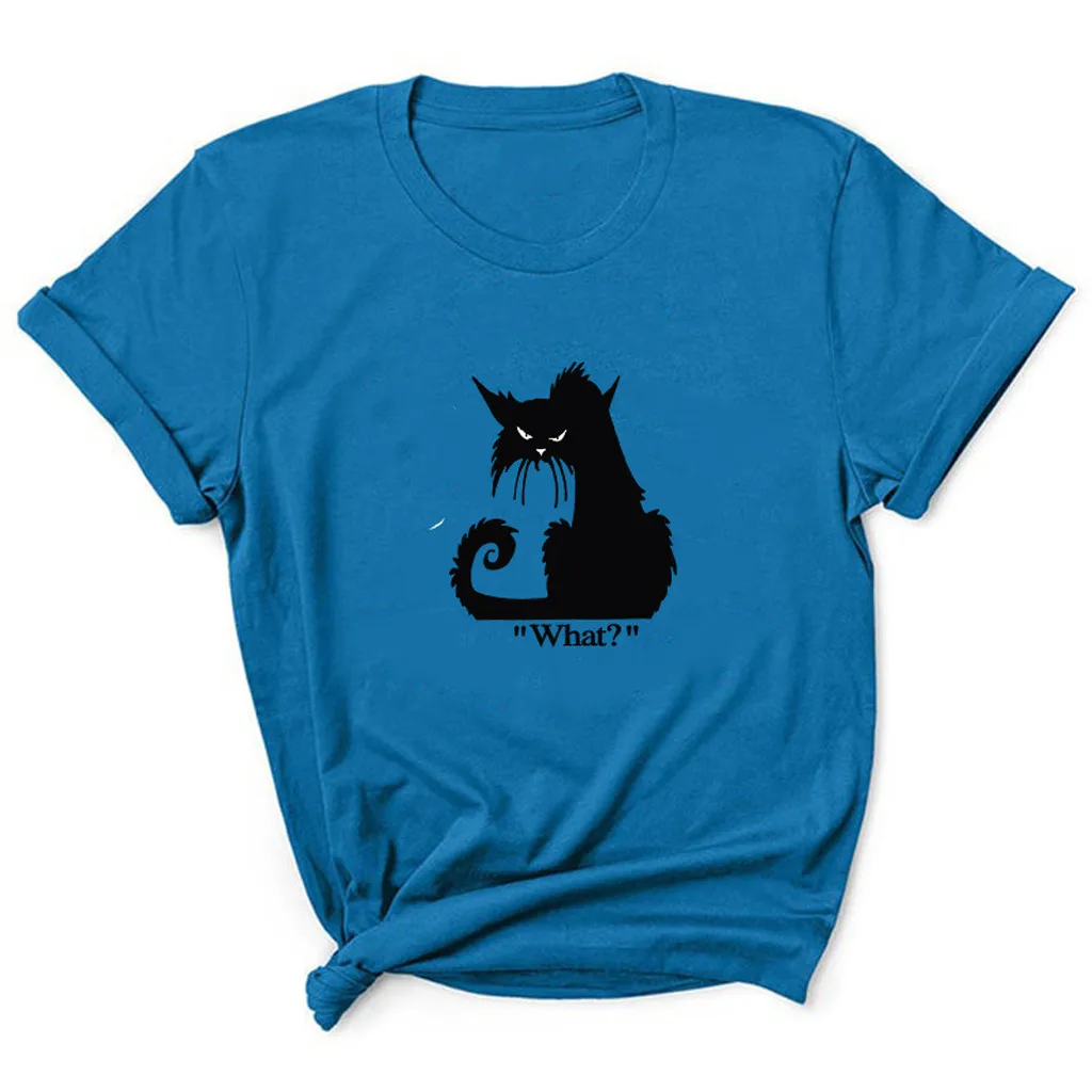 Black Cat Tshirt Letter Cat Print T Shirt Women Funny T Shirt Short