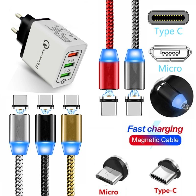 Магнитный USB Type C Micro светодиодный кабель для Huawei Honro 6 7 8 9 10 llite P10 P20 P30 lite Plus QC 3 0