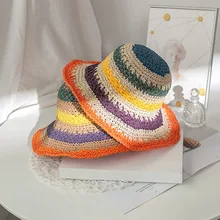 

Straw Hat Sunshade Summer Beach Vacation Hand-woven Breathable Sunscreen Rainbow Foldable Outdoor Hat Female Designer Bonnets