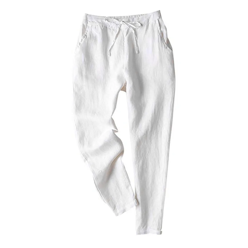 Женские спортивные льняные брюки с высокой талией и кулиской размера плюс, повседневные Прямые брюки, женские однотонные широкие брюки с карманами - Цвет: Белый
