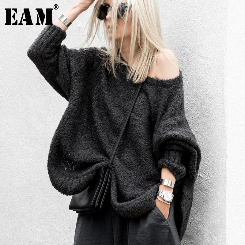

[EAM] Blak Back Long Big Size Knitting Open Stitch Loose Fit Round Neck Long Sleeve Women New Fashion Autumn Winter 2019 OA8210