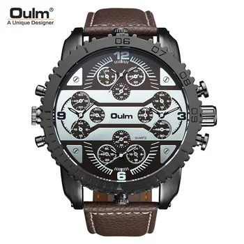 

OULM Sports Quartz Watch Men Big Dial Military Watches Luxury Leather Strap 4 Time Zone Casual Wristwatch Relogio Masculino