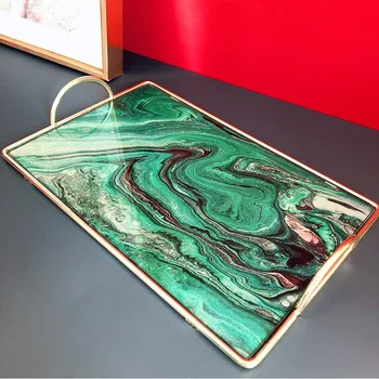 

Marble Agate Pattern Glass Mirror Tray Rectangular Gold Rim Tea Bathroom Skin Care Products Jewelry Storage Tray Home Decoration