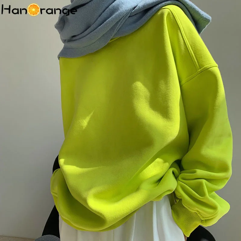 Winter Female Silhouette Round Neck Add Velvet Sweatshirt Loose Drop Shoulder Hoodies Women Fluorescent green