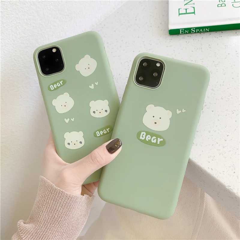 

GImfun Fresh Green Bear Phone Case for Iphone 11 Pro Max Matte Cartoon Soft Tpu Case for Iphone X Xs Max Xr 6 7 8plus Cover