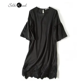 

Silviye Black lotus leaf sleeve water drop button hollow jacquard silk dress women's mulberry silk A-line dress 2020 new summer