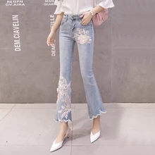 Stretchy Plus Size Women Flare Jeans Pants Pearls Tassels Flower Embroidery Denim Skinny Jeans Woman High Waist Pants Mom Jeans