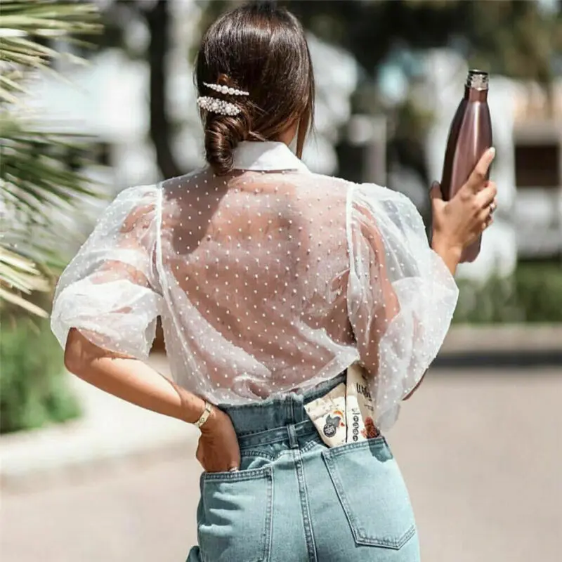  Women See-through Sheer Blouse Polka Dot Long Puff Sleeve Shirts Transparent Tops Ladies Sexy Blous