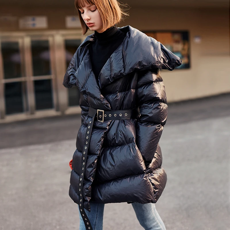 

AEL Women Double Sided Down large collar Cardigan Jacket Winter White Duck Down Coat Warm Parkas Snow Outwear