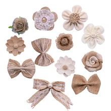 5 unids/set Vintage Natural yute arpillera Rosa lazos con flor para fiesta de boda Chic hogar Deco suministros artesanías hechas a mano DIY flores falsas