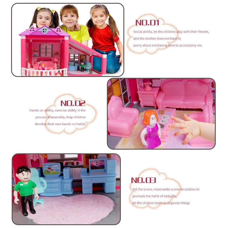 Baby Handmade Family Dollhouse Pretend Play Princess Castle DIY Assemble Villa Doll House With Miniature Furnitures Toys Gifts