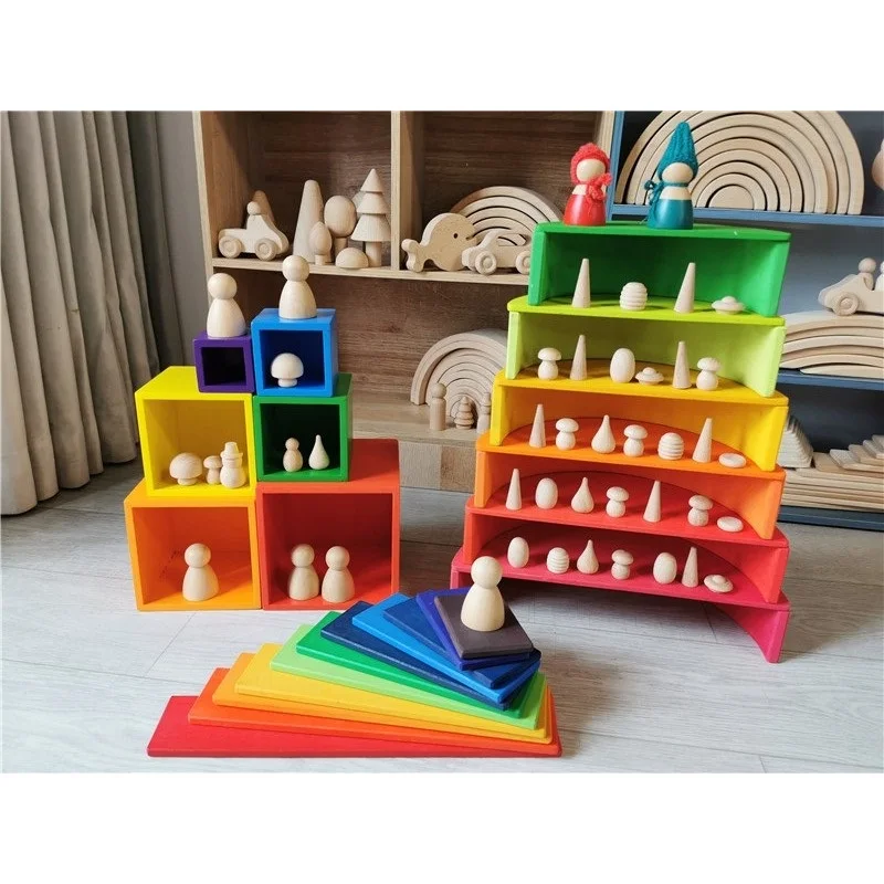 Blocs de construction Pastel en bois arc-en-ciel pour enfants, boules  semi-circulaires, plaques, jouets empilables non peints