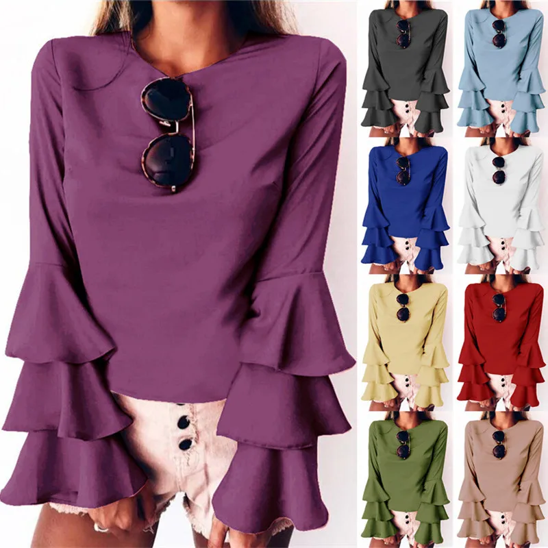 

9 Colors Eight Sizes Women Solid Color Multi Layer Ruffled Long Sleeve Loose O Neck Chiffon Blouse