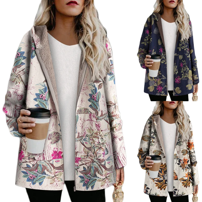 

S-5XL Vintage Plush Fluffy Coats Women Hoodies Coat Zip Up Outerwear Jacket Chaqueta Long Sleeve