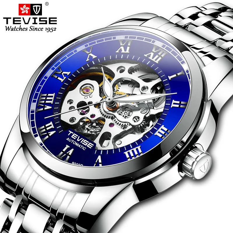 Automatic Watch Man TEVISE T9005D Blue Face Luminous Hands Mechanical Watch Waterproof Watches Mens 2020 Dropshipping Box Tool