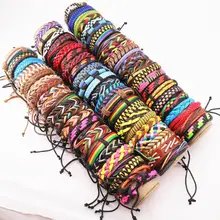 Fashion 50pcs/Lot Men's Women's Mix Style Multi-color Braided Leather Bangle Bracelets Adjustable Jewelry