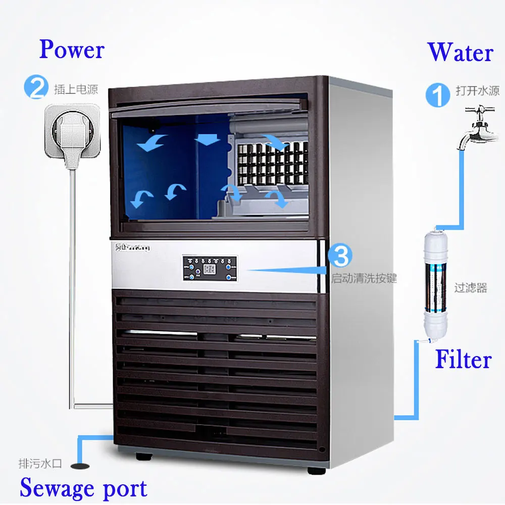 

Large Storage Electric Automatic Ice Maker Commercial or Home Use Ice Cube Machine 220V 110V Cube Ice Maker 40/50/60/70KG/24H