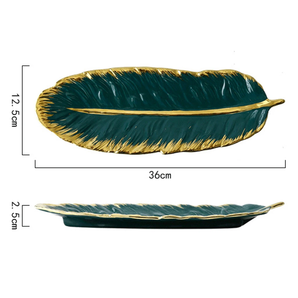Jewelry Plate Green Golden Leaf Shaped Tray Dish Ceramic Home Decor Ornament