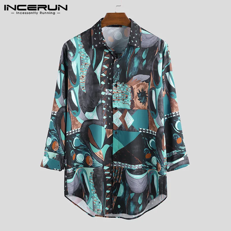 

INCERUN Printing Long Sleeve Shirt Men Korean Style Fashion Button Hip-hop Loose Hawaiian Brand Shirts Men 2019 High Street Tops
