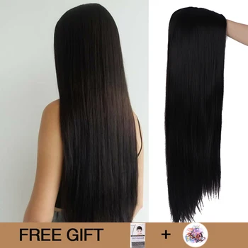 

MUMUPI 26inch Black Color Long Silky Straight Hair Wig Gluless Heat Resistant Natural Middle Part Synthetic Wig for Black Women