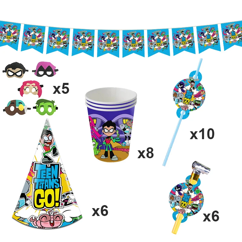 

Teen Titans Go Birthday Party Decorations Banner Super Hero Theme Favors Backdrop Paper Cup