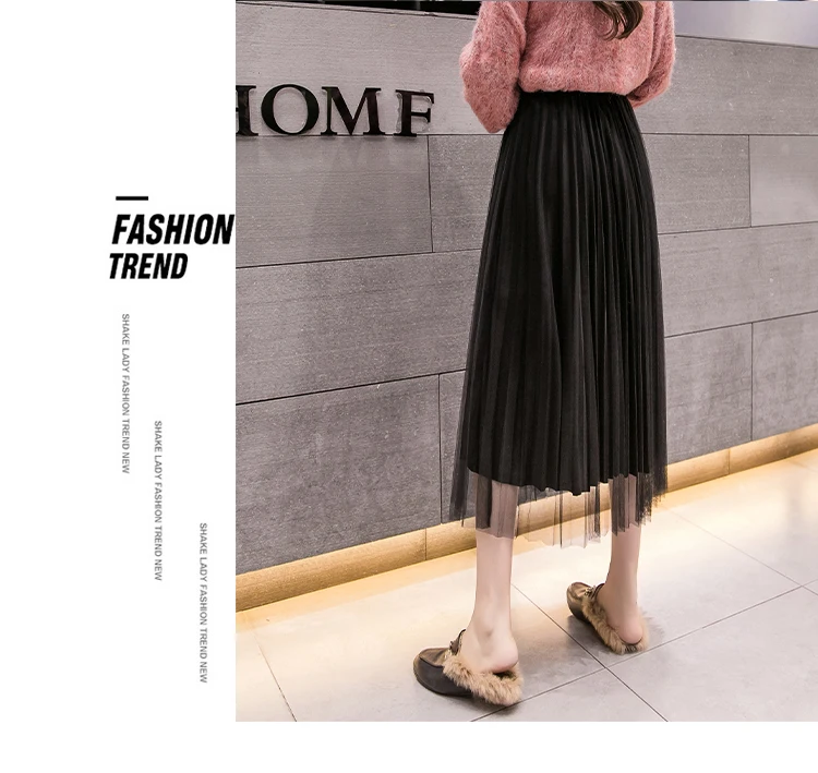 Korean Vintage Winter Tulle Skirts Elastic Waist Patchwork Pleuche Gauze Long Pleated Tulle Skirts Women Midi Tulle Skirt