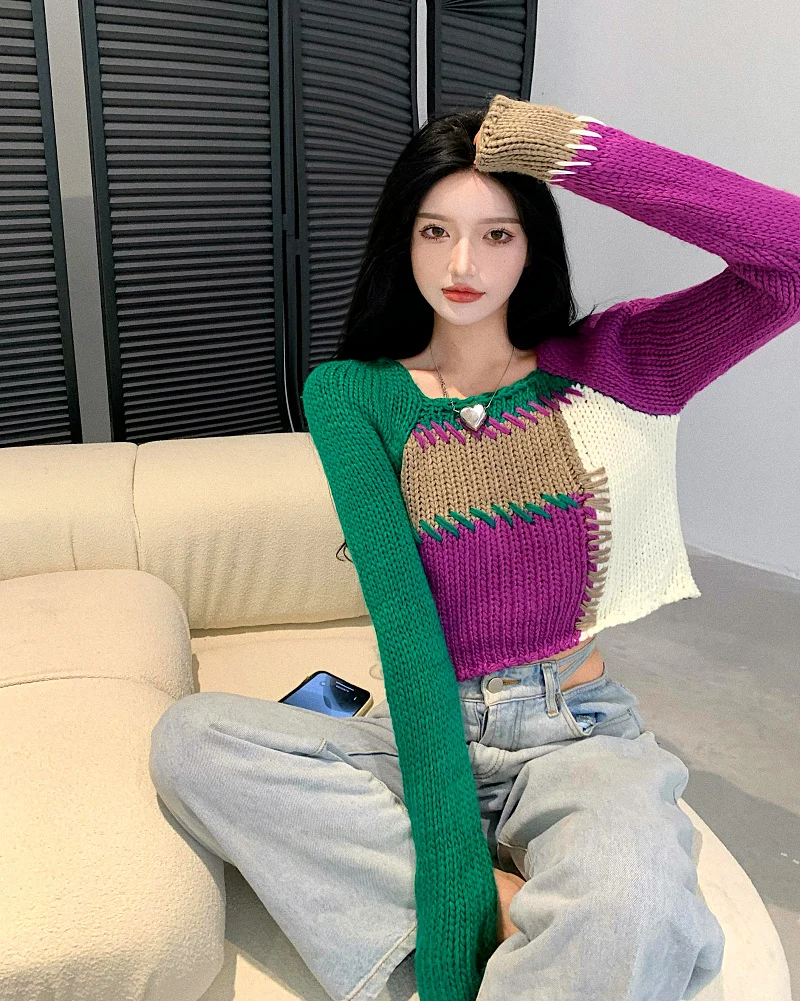 Приталенный Повседневный сексуальный короткий свитер с длинным рукавом и